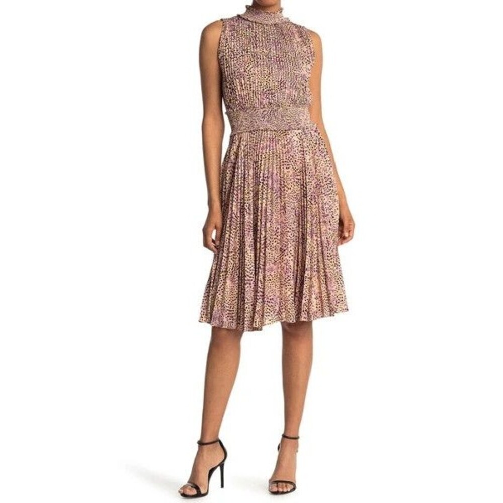 Nanette Lepore Women's Smocked High Neck Pleated Dress 4 Animal Print